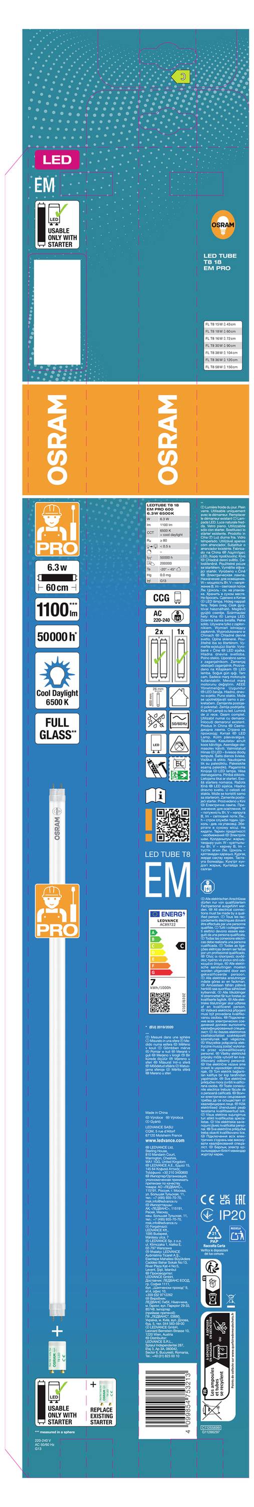 Hohes OSRAM LED FM-Produktpaket mit blau-orange Design, das einen langen Lichtstreifen und technische Etiketten auf der Vorder- und Rückseite zeigt.