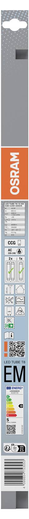 Vertikales Osram EM LED-Beleuchtungsprodukt-Etikett mit Cloud-Symbol, Spezifikationssymbolen, Farbskala und Barcode.