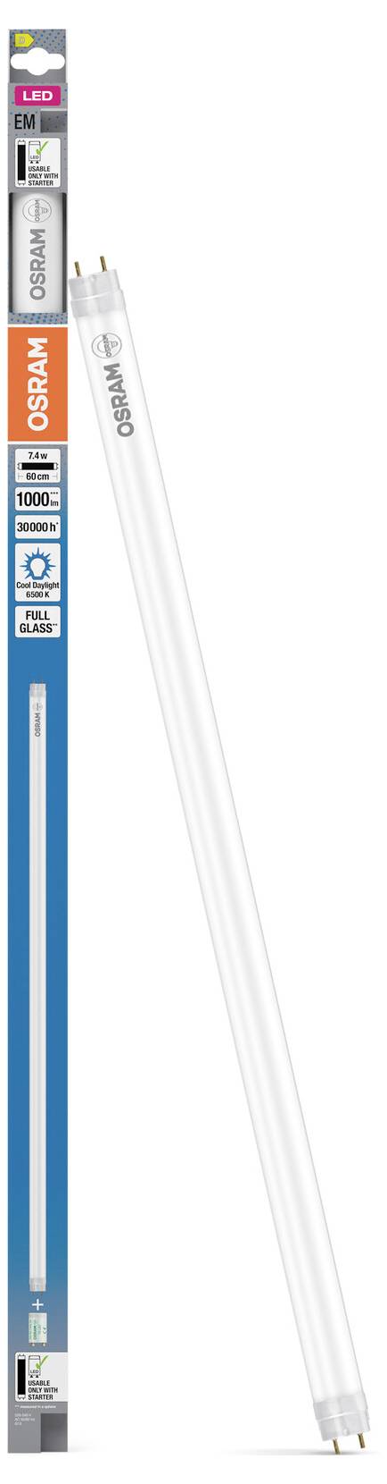 Osram LED-Leuchtstoffröhre in Verpackung gezeigt, mit einer separaten weißen Röhre, die neben der Schachtel lehnt.