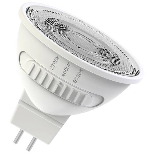 Weiße verstellbare LED-Spotlightlampe mit gekennzeichneten Farbtemperaturen 2700K, 4000K und 6500K und einem seitlichen Dimmschalter.
