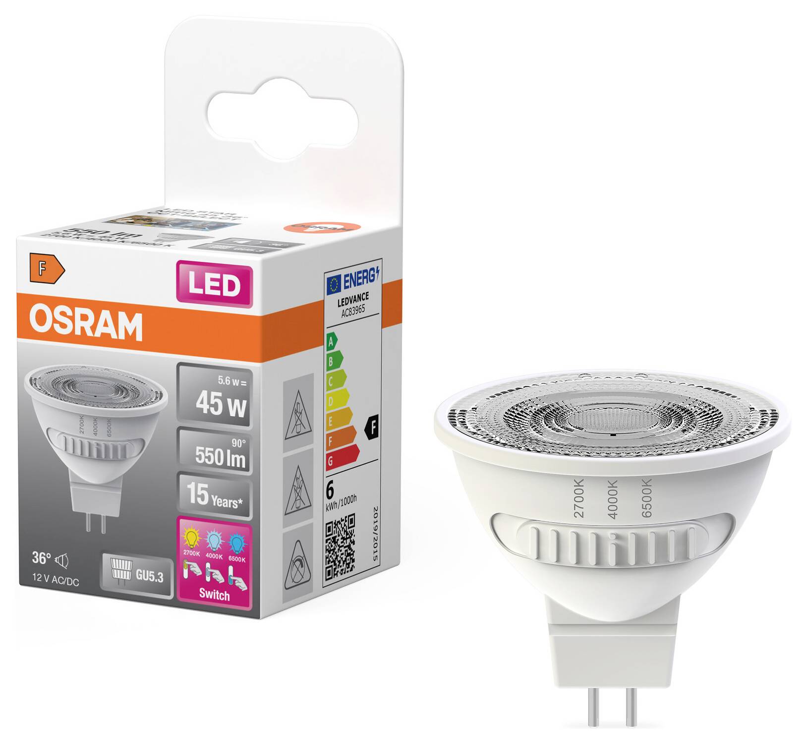 OSRAM LED-Spotlightlampe und Verpackung mit GU5.3 45W-Äquivalent, 550 lm, dimmbar, wählbares Licht 2700K/4000K/6500K.