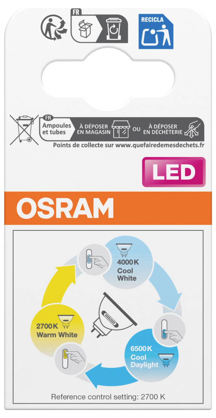 OSRAM LED-Lampenpackung mit Farbtemperaturoptionen: 2700K Warmweiß, 4000K Kalttweiß und 6500K Kalttageslicht, mit Recycling- und Entsorgungssymbolen.