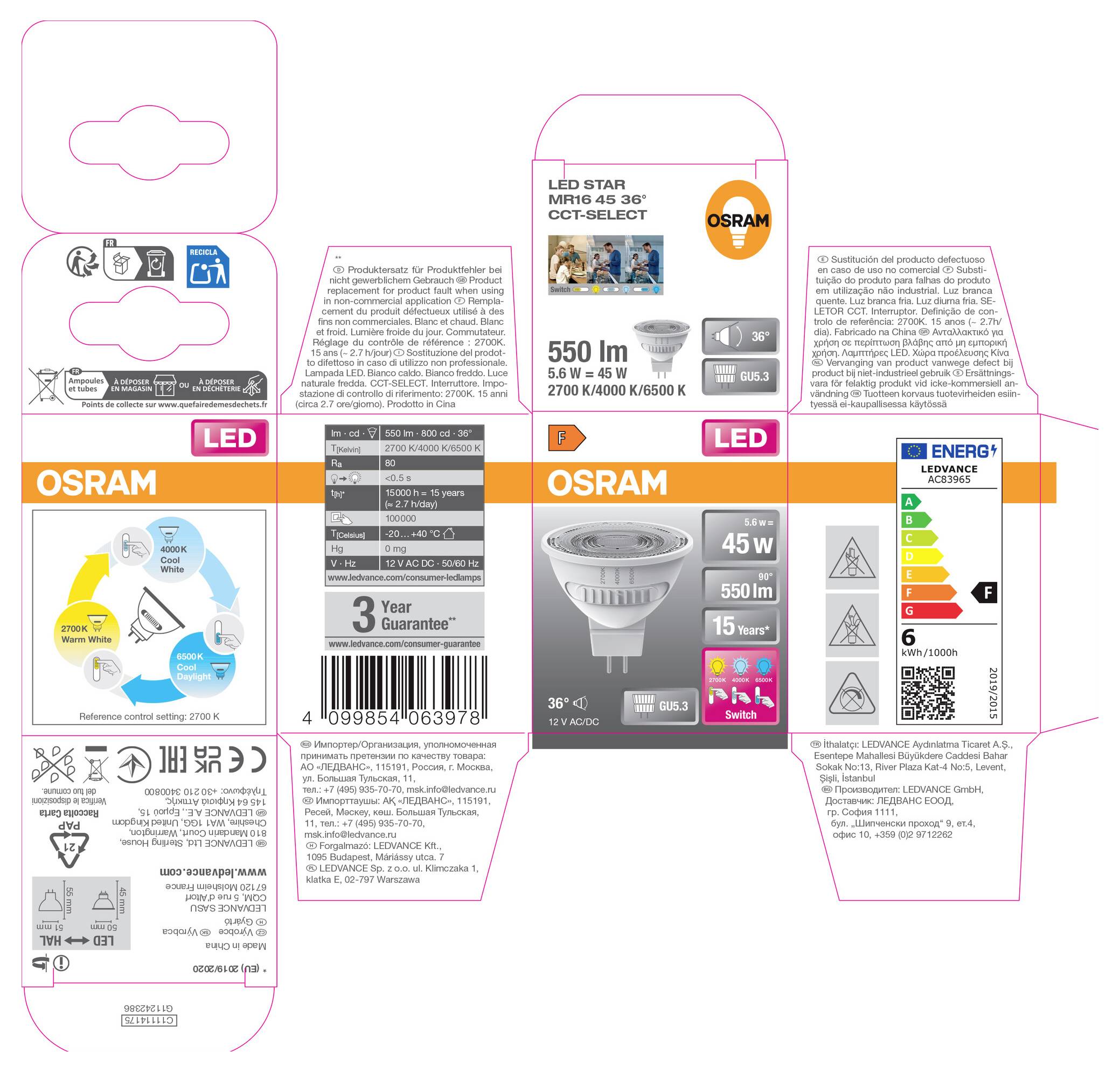 OSRAM LED-Spotlightverpackung mit einer 5,5-W-MR16-Lampe, 550 lm, warmweiß 2700K, dimmbar, mit Energieetikett und Produktdetails.