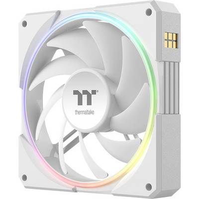 Weißer Thermaltake RGB-Gehäuselüfter mit sieben Blättern und einem leuchtenden mehrfarbigen LED-Ring um den Rahmen