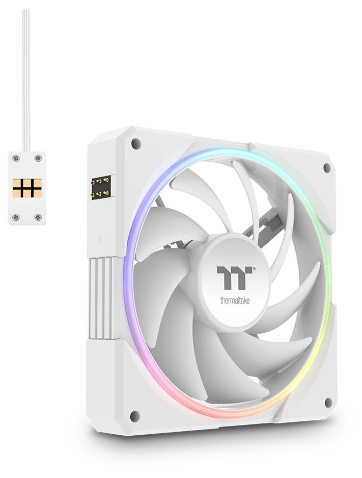 Weißer Thermaltake-Computer-Kühlungsventilator mit regenbogenfarbigem LED-Ring, dargestellt mit einem kleinen angebrachten Kabelstecker auf einem einfachen Hintergrund.