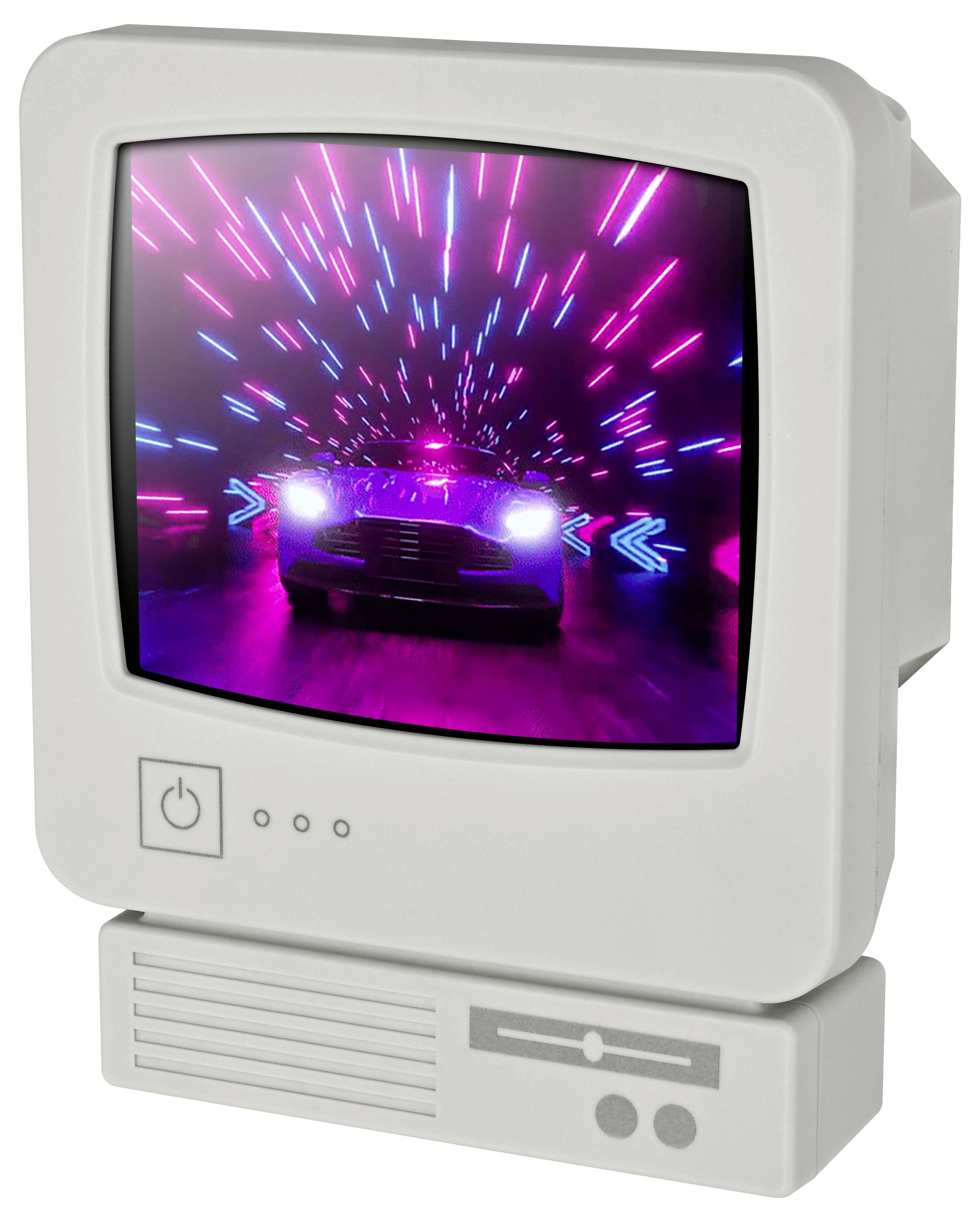 Ein retrobeiger Computermonitor, auf dem ein neonbeleuchtetes Sportwagen mit hoher Geschwindigkeit auf den Betrachter zurasend vor einem rosa und blauen Tunnelhintergrund angezeigt wird.