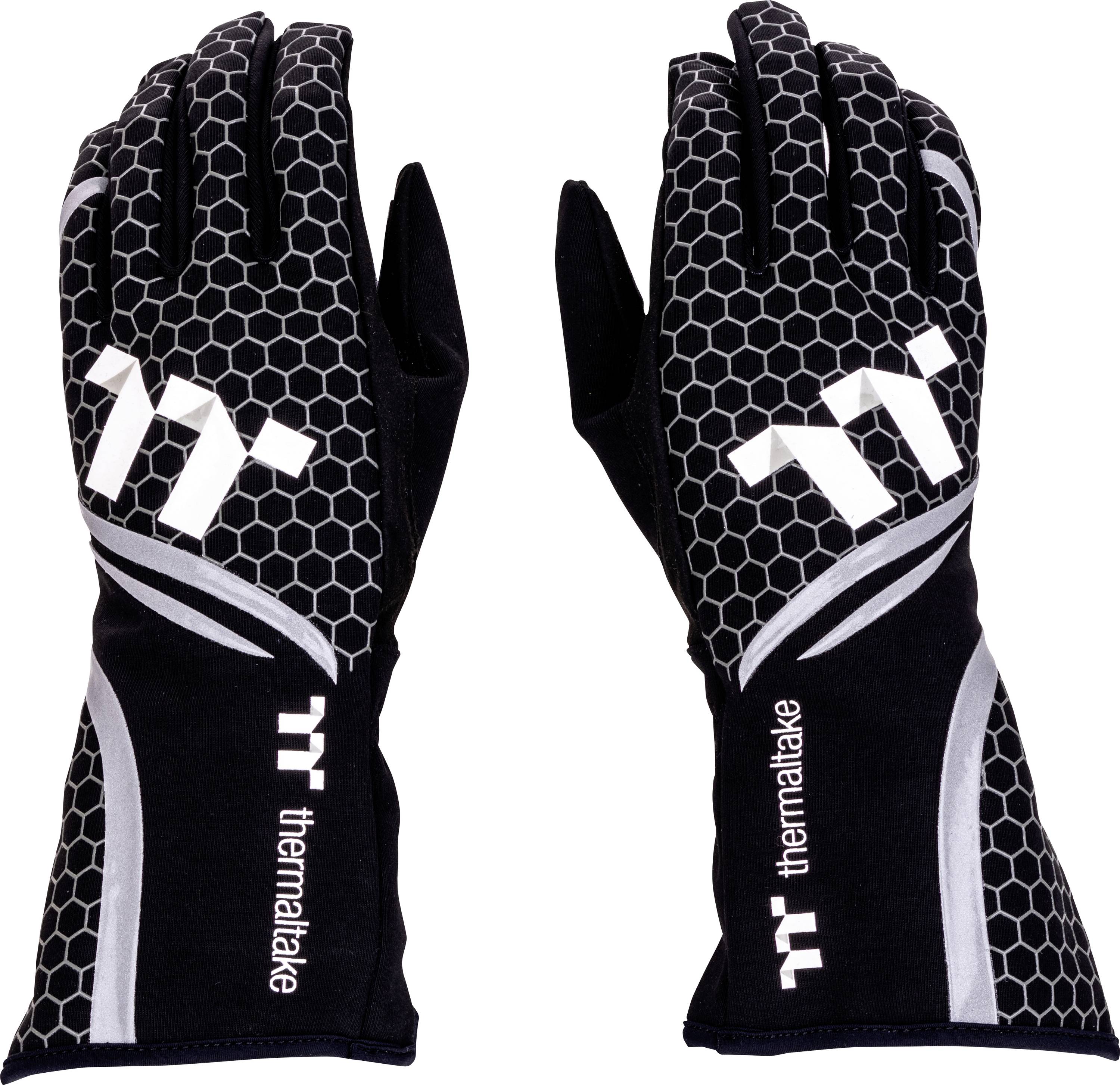 Paar schwarzer ThermalTake-Handschuhe mit weißem Sechseckmuster und Logo, Vorder- und Rückseite auf weißem Hintergrund gezeigt.