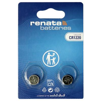 Renata Batterie Blisterpackung für zwei Lithium 3V CR1220 Knopfzellen, auf blauer Verpackung mit deutlich gekennzeichnetem Markennamen und Batterietyp dargestellt.
