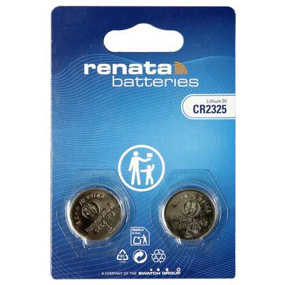 Renata Batterien Blisterpackung für 3V Lithium CR2325 Knopfzellen, zeigt zwei Batterien und ein Kindersicherheitssymbol.