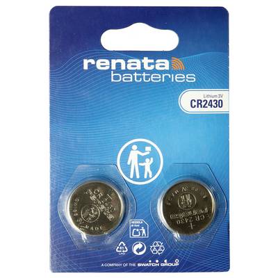 Verpackte Renata-Batterien mit zwei CR2430-Lithium-3V-Knopfzellenbatterien, gezeigt in durchsichtigen Blisterpackungen auf einer blauen Einzelhandelskarte.