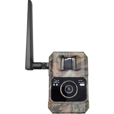 Infrarot-Wildkamera mit Tarnung, Antenne, Infrarotsensor-Fenster, Statusleuchten und großem Objektiv/Knopf an der Vorderseite.