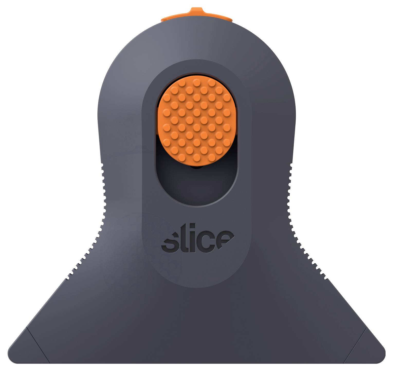 Dunkelgrauer Slice Sicherheitsmesser mit orangefarbigem strukturiertem Daumenregler und "Slice"-Logo, in Vorderansicht auf weißem Hintergrund dargestellt.