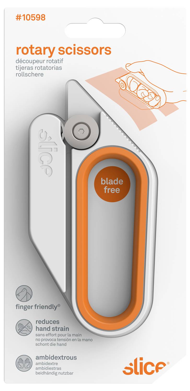 Produktpaket für "Drehscheren" mit einer tragbaren Schere mit orangefarbener grifffreier Schlaufengriff und einer Klinge, gekennzeichnet als "fingerfreundlich" und "beidhändig".