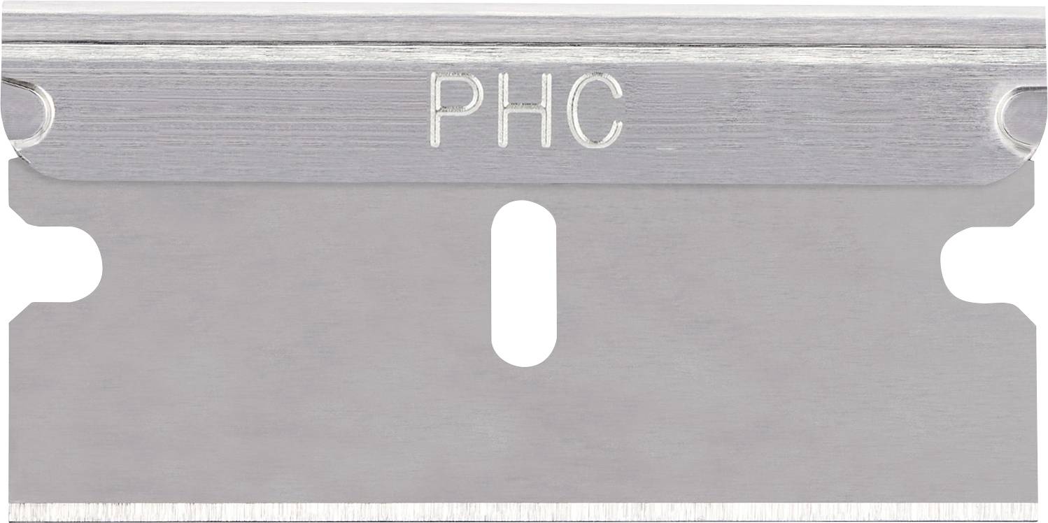 Nahaufnahme einer silbernen Metallklinge oder -platte mit den eingraviereren Buchstaben „PHC" nahe der Oberseite und einem zentrierten vertikalen Schlitz.