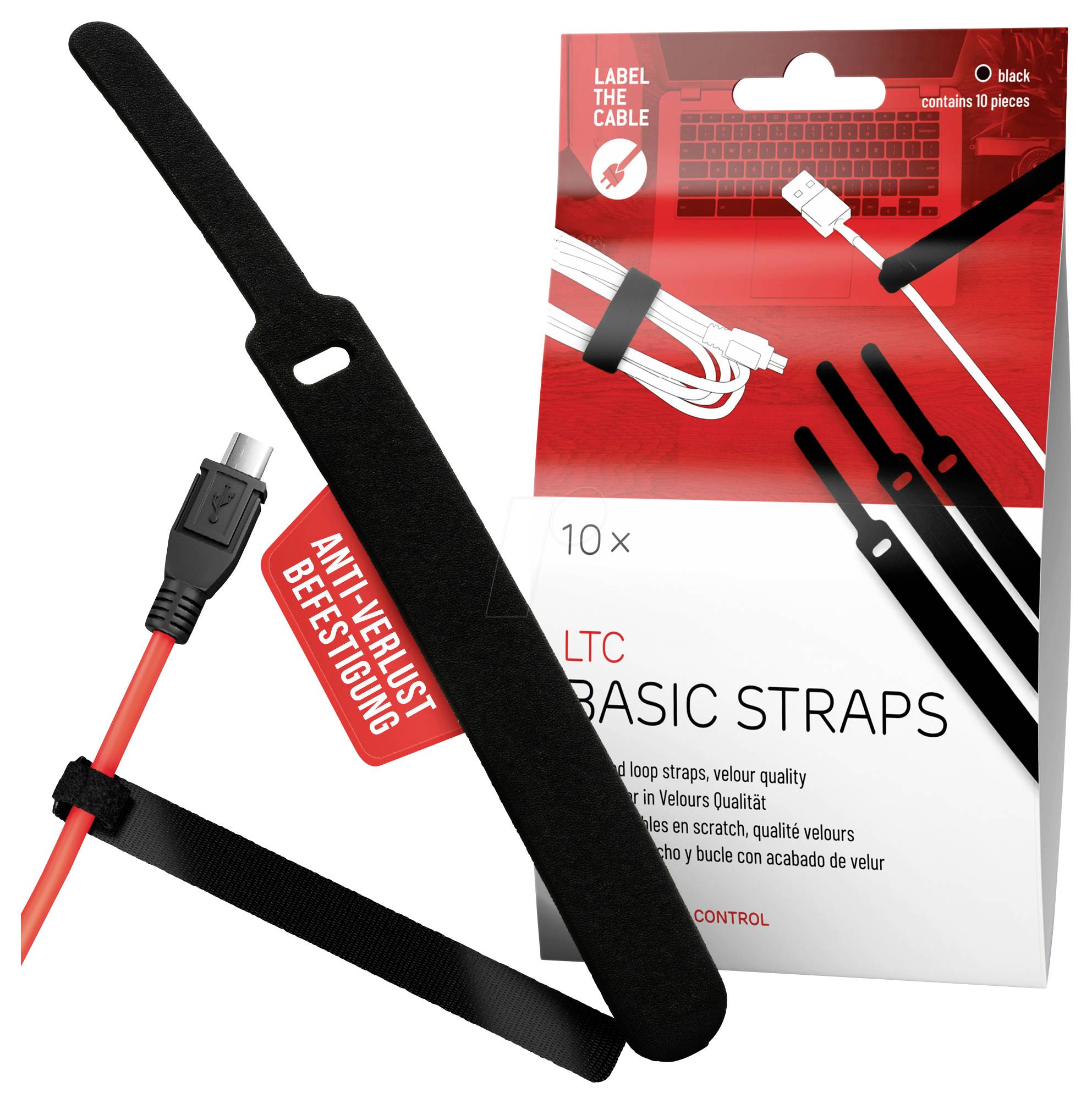 Paket schwarzer Kabelstraps mit der Bezeichnung „BASIC STRAPS" mit einem Strap neben einem roten Kabel und Stecker gezeigt