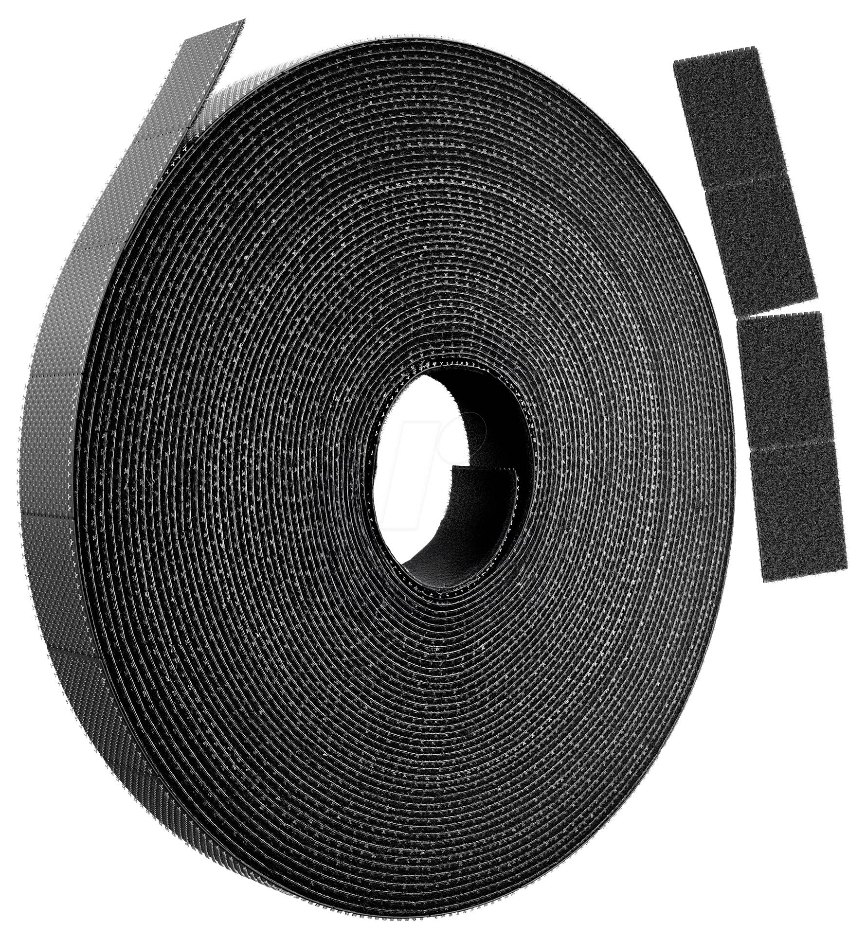 Schwarze Klettverschluss-Rolle mit zwei separaten Klebebändern daneben auf weißem Hintergrund.