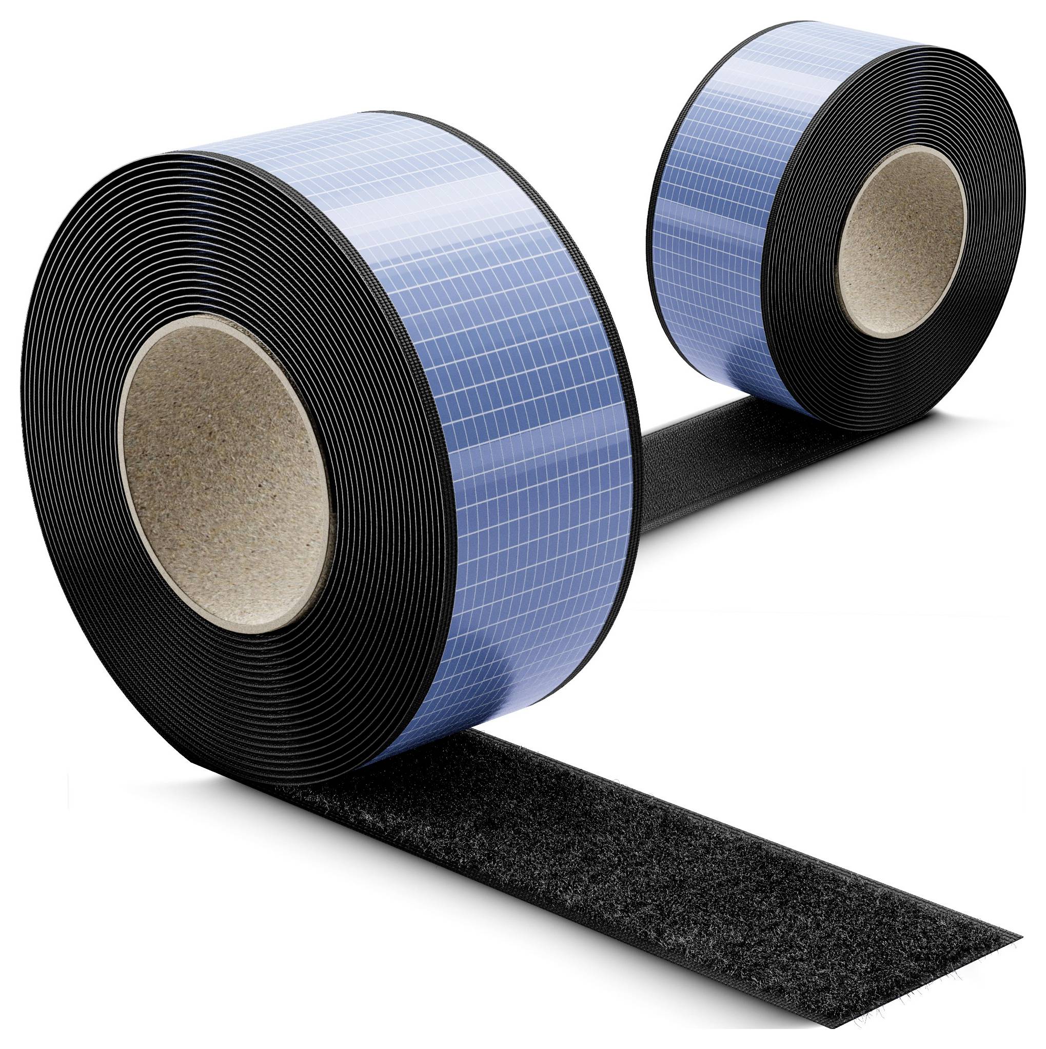 Zwei Rollen blaues Solarmodul-Montageklebeband mit schwarzen Klebstreifen, die sich von jeder Rolle auf weißem Hintergrund abwickeln.