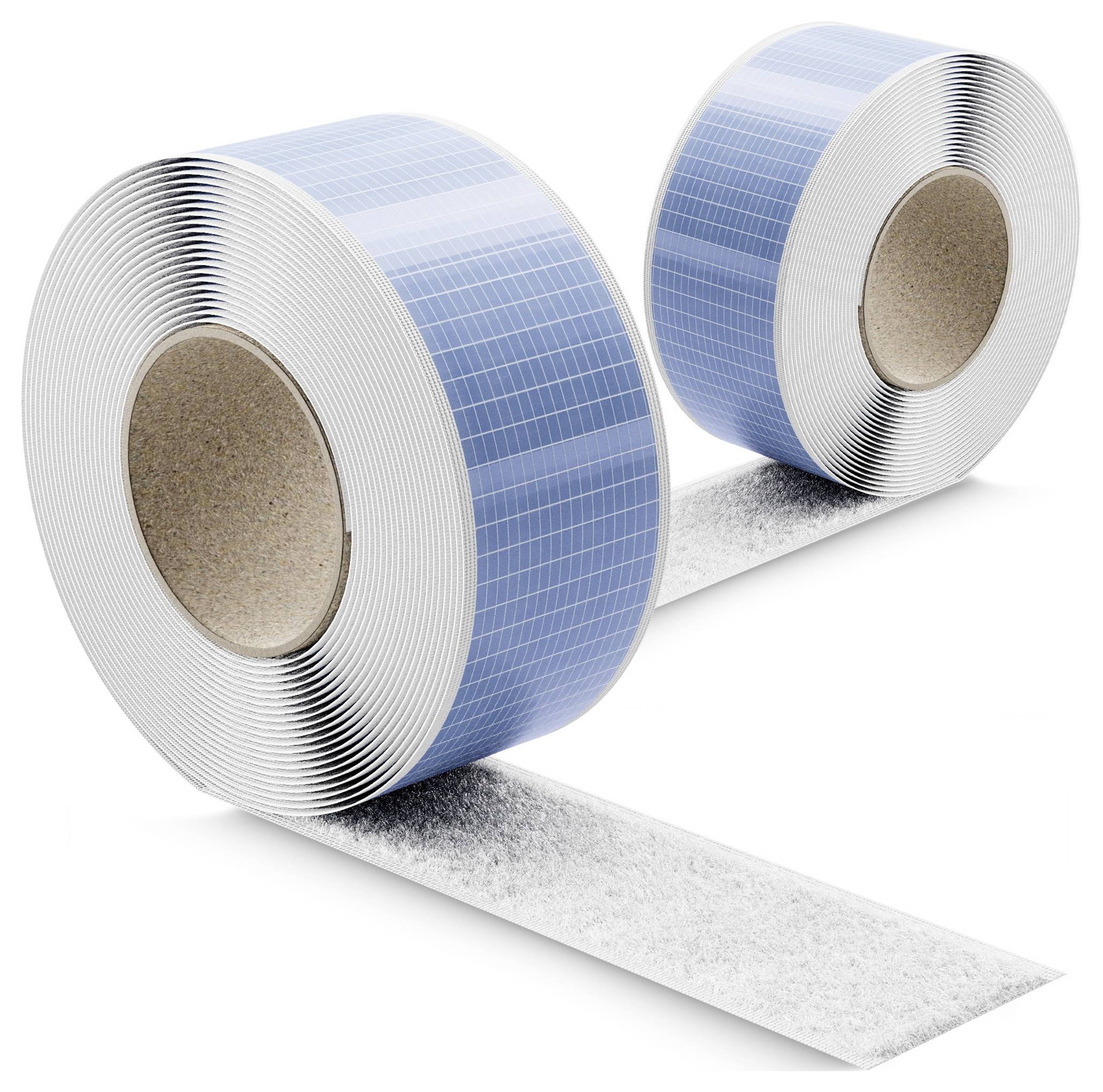 Packung LTC 'EASY TAPE STRAP' selbstklebendes Klettverschlussband, 2 x 8 m Rolle mit schwarzen Streifenenden.