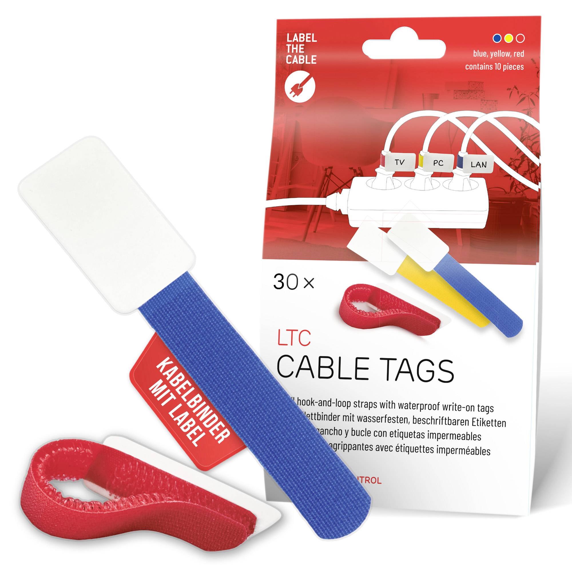 Paket mit LTC-Kabelkennzeichnungen, 30er-Pack, mit blauen, gelben und roten Klettverschluss-Kabeletiketten und beschreibbaren Tags zum Organisieren von Kabeln.
