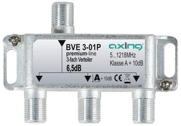 Metallischer koaxialer Kabelteiler mit Bezeichnung „BVE 3-01P" mit drei Gewinde­anschlüssen und gekennzeichnet mit 5-1218 MHz, 6,5 dB und „Class A +10dB".
