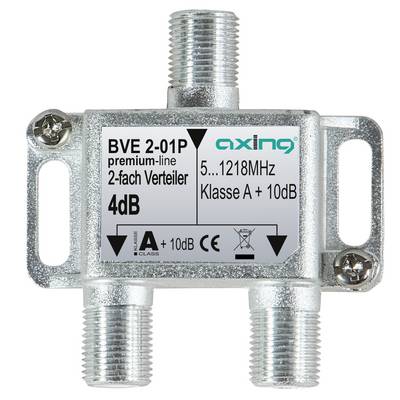 Metallischer koaxialer 2-Wege-Splitter mit drei Gewinde-Steckern und Montagelaschen, gekennzeichnet mit „BVF 2-01P", „5...1218MHz", „Klasse A + 10dB" und „4dB".