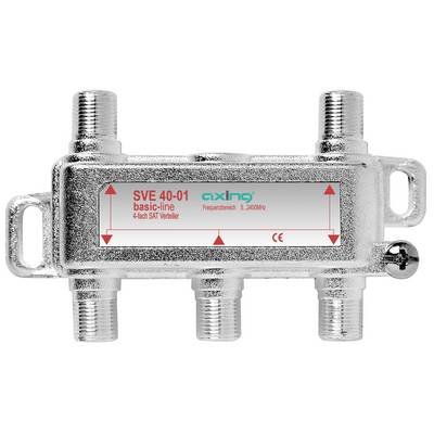 Metall-Koaxial-Fernseh-Verteiler mit der Bezeichnung „SVE 40-01 basic-line", ein 4-Wege-SAT-Verteiler mit vier Gewinde-Anschlussports auf weißem Hintergrund