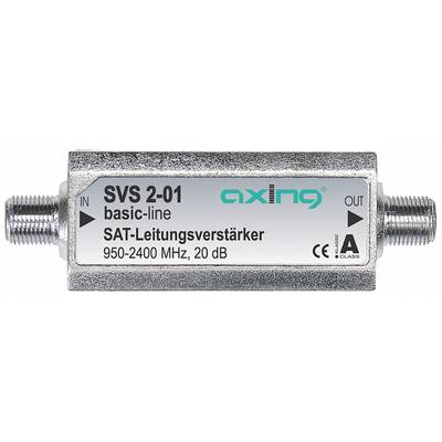 Metallischer Satellitenleitungsverstärker mit der Bezeichnung „SVS 2-01 basic-line" und „SAT-Leitungsverstärker", mit IN- und OUT-Koaxialsteckern, 950-2400 MHz, 20 dB.