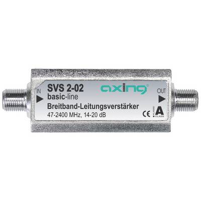 Metallischer Koaxialleitungsverstärker mit der Bezeichnung „SVS 2-02 basic-line" und „Breitband-Leitungsverstärker", mit IN- und OUT-Anschlüssen und Spezifikationen von 47-2400 MHz, 14-20 dB.
