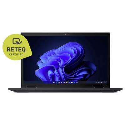 Schwarzer Laptop mit Windows 11 blauer Wirbeltapete, mit einem grünen Reteq-zertifizierten Abzeichen in der oberen linken Ecke.