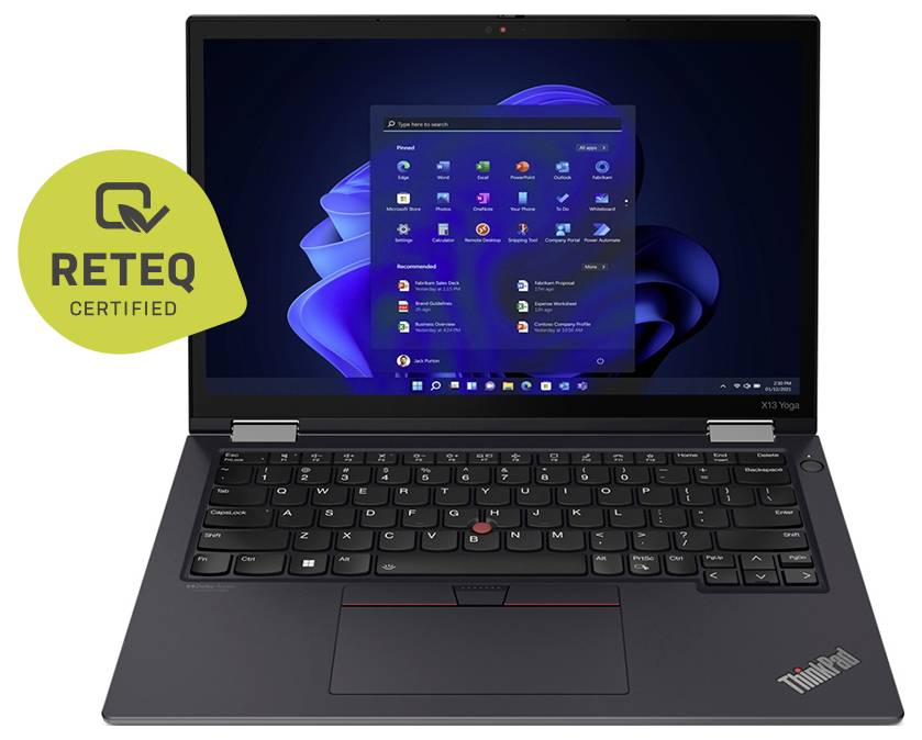 ThinkPad-Laptop geöffnet mit Windows 11 Startmenü auf dem Bildschirm, neben einem "RETEQ CERTIFIED" Abzeichen.