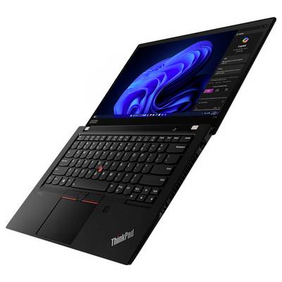Schwarzes Lenovo ThinkPad-Laptop im Zeltmodus, das einen blauen Windows-Desktop auf dem Bildschirm anzeigt.