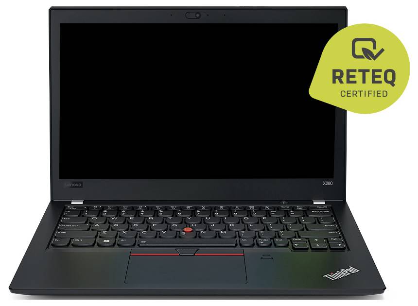 Schwarzes Lenovo ThinkPad Laptop mit geschlossenem Bildschirm, frontal dargestellt, mit der Bezeichnung „RETEQ CERTIFIED" in der oberen rechten Ecke.