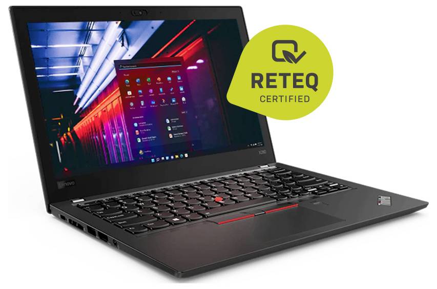 Schwarzer Lenovo ThinkPad-Laptop, der auf weißem Hintergrund offen gezeigt wird, mit einem leuchtend gelben Overlay-Badge "RETEQ CERTIFIED".
