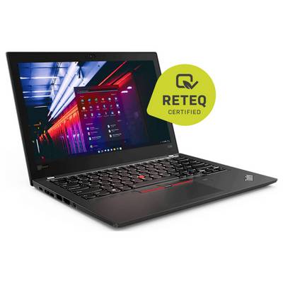 Schwarzer Lenovo ThinkPad-Laptop, der auf weißem Hintergrund offen gezeigt wird, mit einem leuchtend gelben Overlay-Badge "RETEQ CERTIFIED".