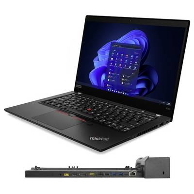 Schwarzer ThinkPad-Laptop, geöffnet mit Windows 11 auf dem Bildschirm, plus Seitenansicht, die Anschlüsse und angebrachtes Dock-/Erweiterungsmodul hervorhebt.