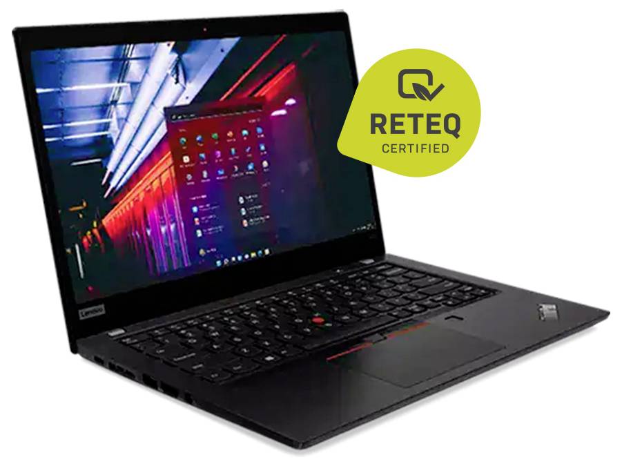 Schwarzer Lenovo ThinkPad-Laptop, der offen mit Windows-Desktop angezeigt wird, zusammen mit einem gelben Badge "RETEQ CERTIFIED".