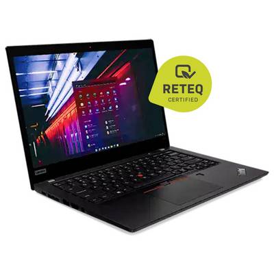 Schwarzer Lenovo ThinkPad-Laptop, der offen mit Windows-Desktop angezeigt wird, zusammen mit einem gelben Badge "RETEQ CERTIFIED".