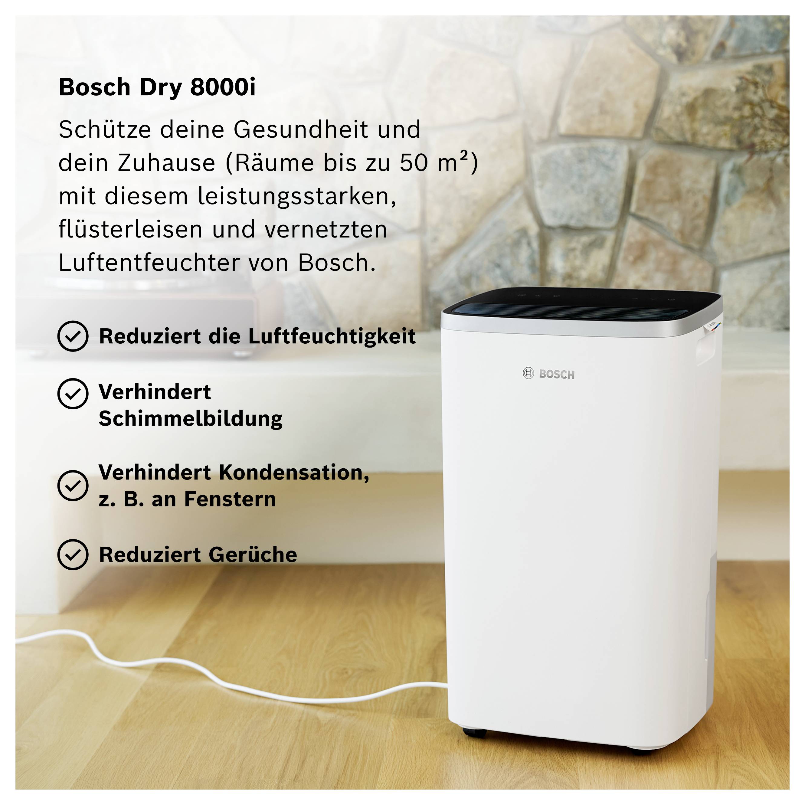 Werbeanzeige für den Bosch Dry 8000i Luftentfeuchter: nennt Entfeuchtung, Schimmelschutz, Kondensationsschutz und Geruchsreduzierung für Räume bis 50 m².