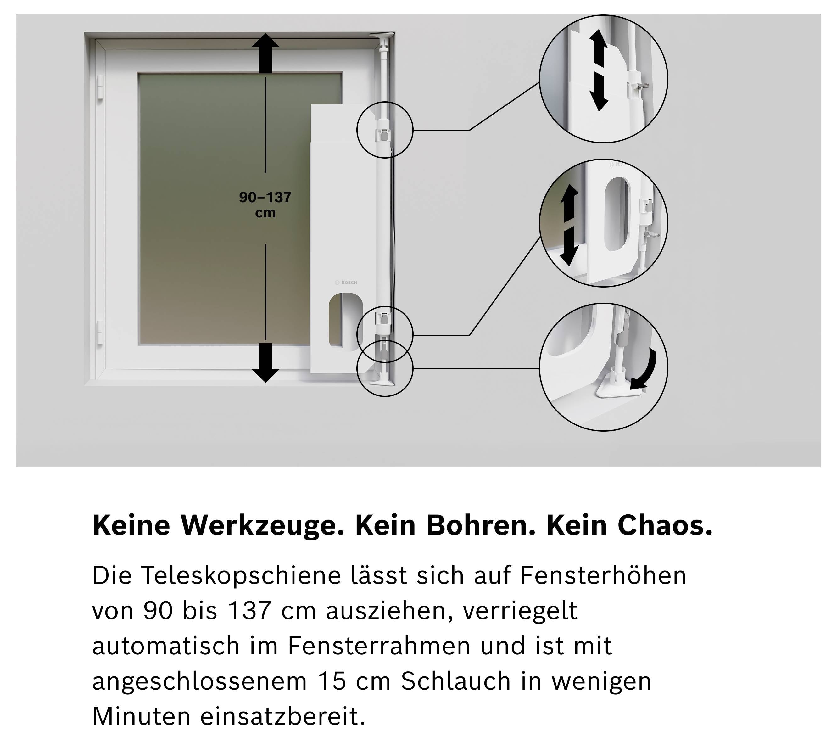 Werbegrafik einer Teleskopstange am Fenster: höhenverstellbar von 90–137 cm, werkzeuglos und mit 15 cm Schlauch schnell montierbar; Slogan: 'Keine Werkzeuge. Kein Bohren. Kein Chaos.'