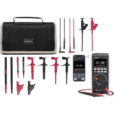 Voltcraft Multimeter-Zubehörset mit Tragetasche, Messleitungen, Messspitzen, Krokodilklemmen und Smartphone-Fernmessgerät-Display.