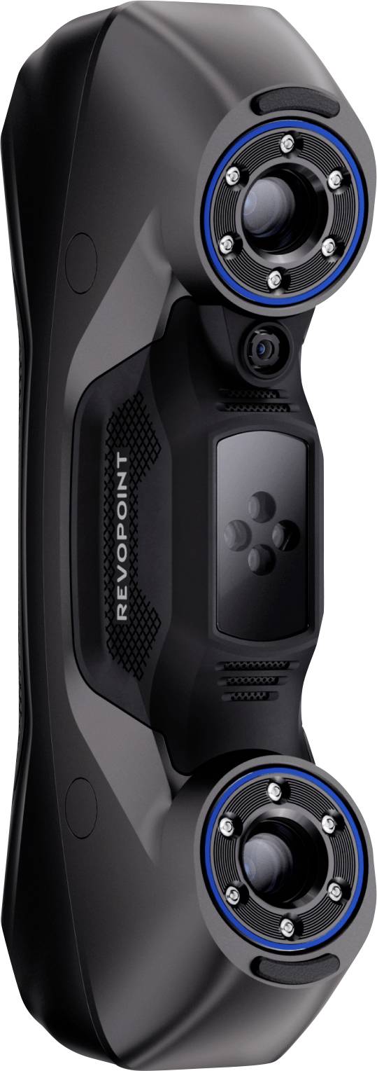 Schwarzes Revolpoint 3D-Scanner-Gerät mit zwei kreisförmigen Kamera-/Sensorlinsen und einem zentralen Bedienfeld auf weißem Hintergrund