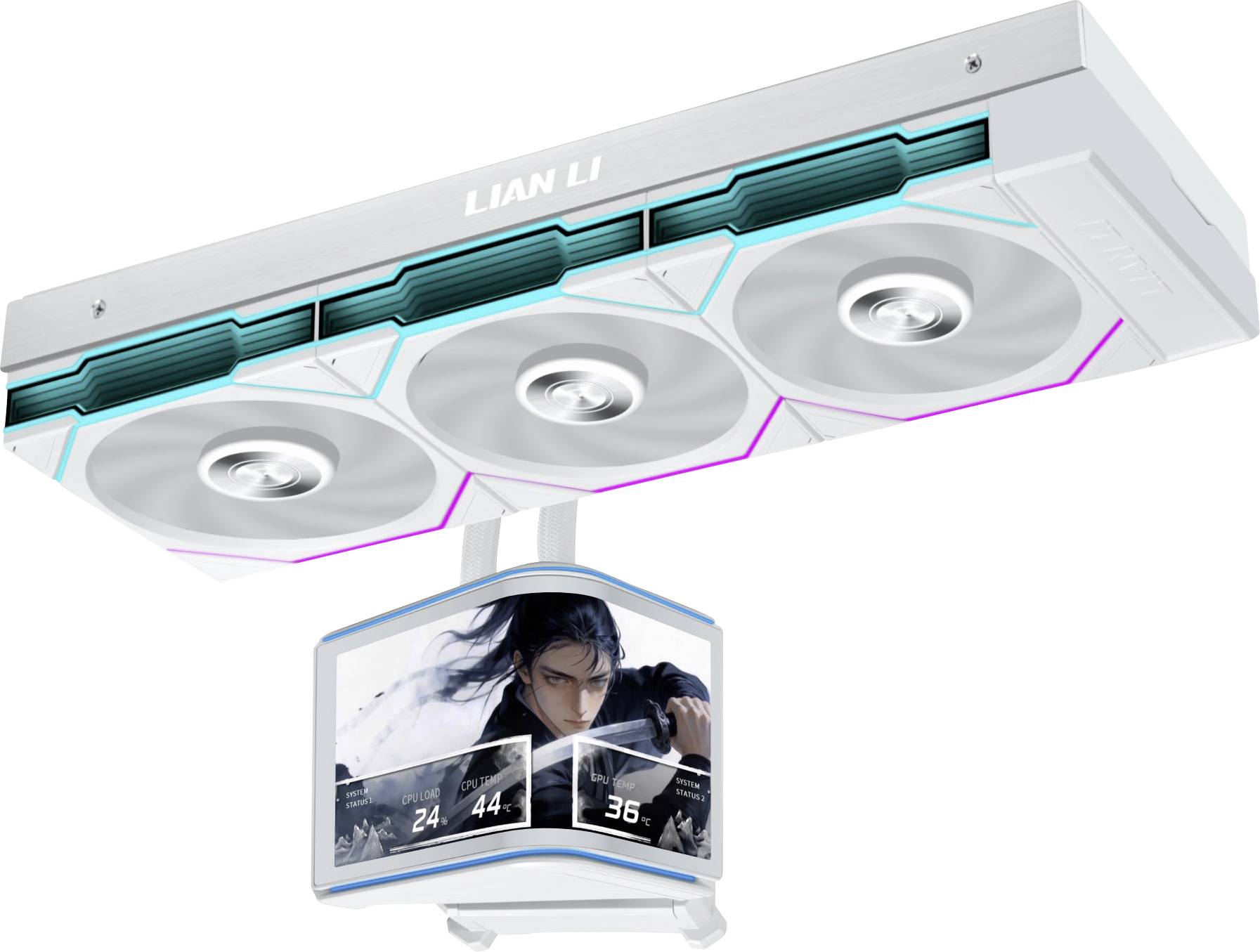 Lian Li Triple-Lüfter weiße GPU mit integriertem LCD-Display auf der Seite, in einer Produktvisualisierung vor weißem Hintergrund gezeigt.