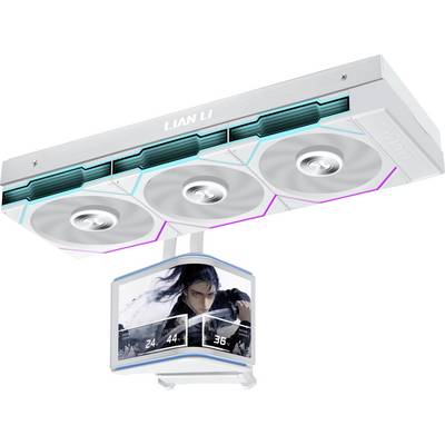 Lian Li Triple-Lüfter weiße GPU mit integriertem LCD-Display auf der Seite, in einer Produktvisualisierung vor weißem Hintergrund gezeigt.