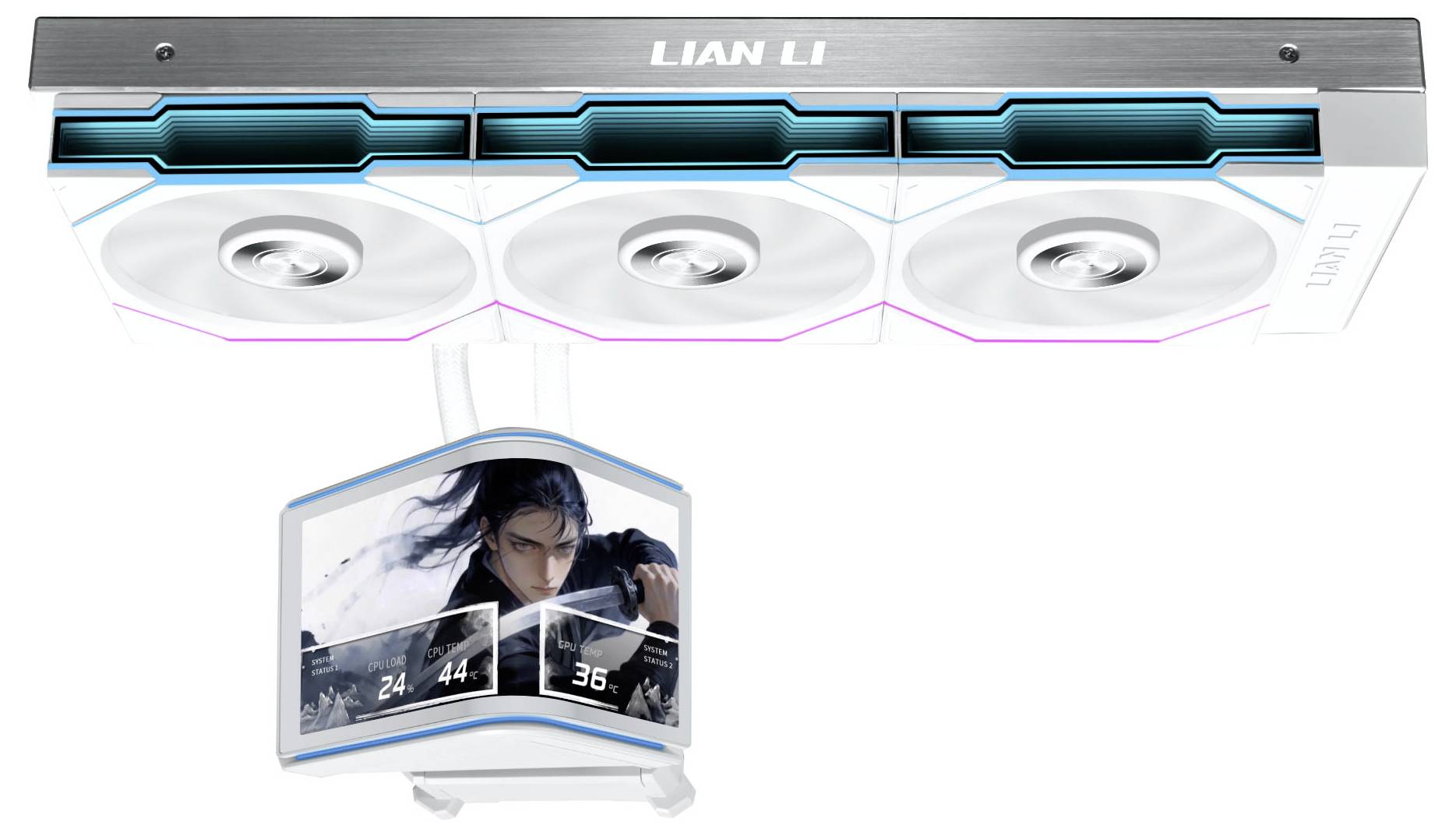 LIAN LI Flüssigkühler für CPUs mit drei Lüftern und einem beleuchteten Kühlkopf mit Anime-Stil-Motiv und digitaler Temperaturanzeige.