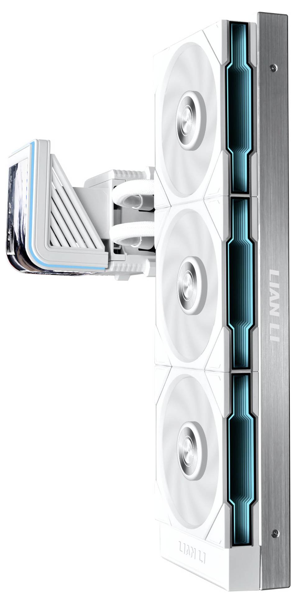 Nahaufnahme eines weißen LIAN LI Computer-Flüssigkühlradiators mit Lüftern und leuchtender blauer Kante, shown in Seitenansicht.