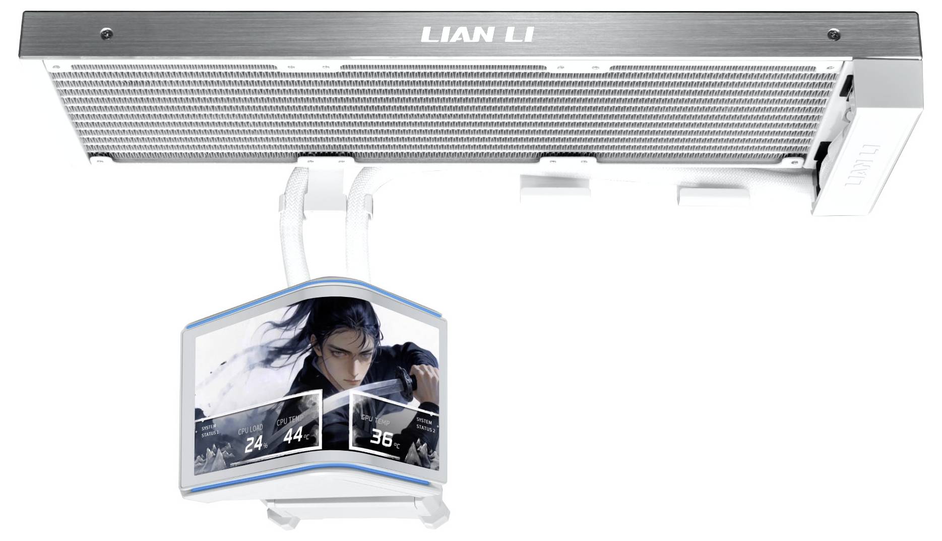 LIAN LI PC-Kühleinheit mit einem oben angebrachten Radiator und einem weißen Pumpenkopf, der ein Charakterbild und Temperaturanzeigen aufweist.