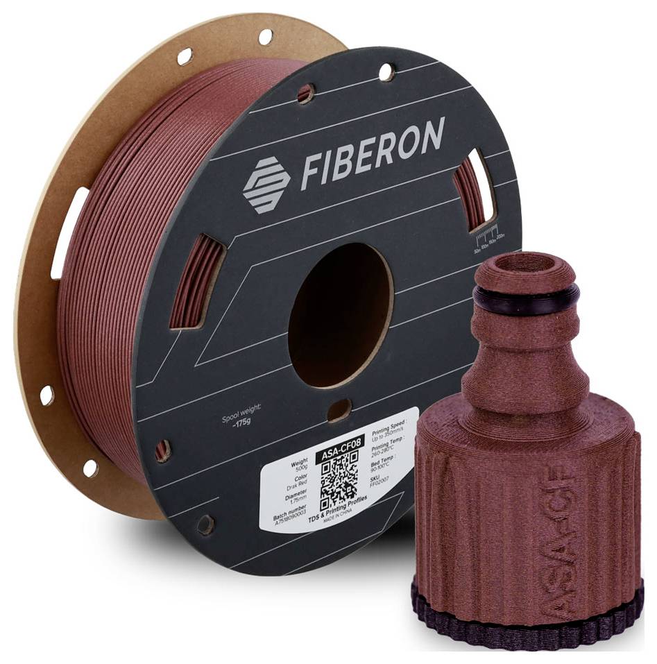 Spule aus rotem 3D-Druckfilament mit der Aufschrift „FIBERON" neben einem passenden rot gedruckten Muster auf weißem Hintergrund.