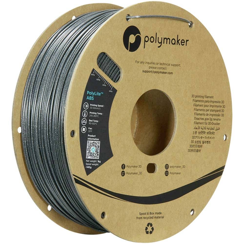 Eine Spule Polymaker PolyLite ABS 3D-Drucker-Filament auf einer Papierspule aufgewickelt, graues Filament auf der linken Seite sichtbar.