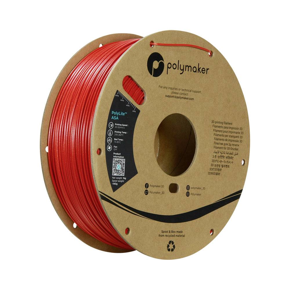 Rote Polymaker 3D-Drucker-Filamentspule auf einer braunen Pappelspule mit Mittelloch und Produktetiketten.