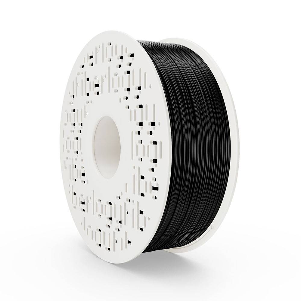 Spule schwarzes 3D-Druckfilament auf einer weißen Spule, isoliert auf weißem Hintergrund.